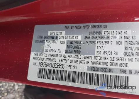 2022 Mazda Cx-5 2.5 S z USA, uszkodzony, nr VIN JM3KFBAM8N0536505